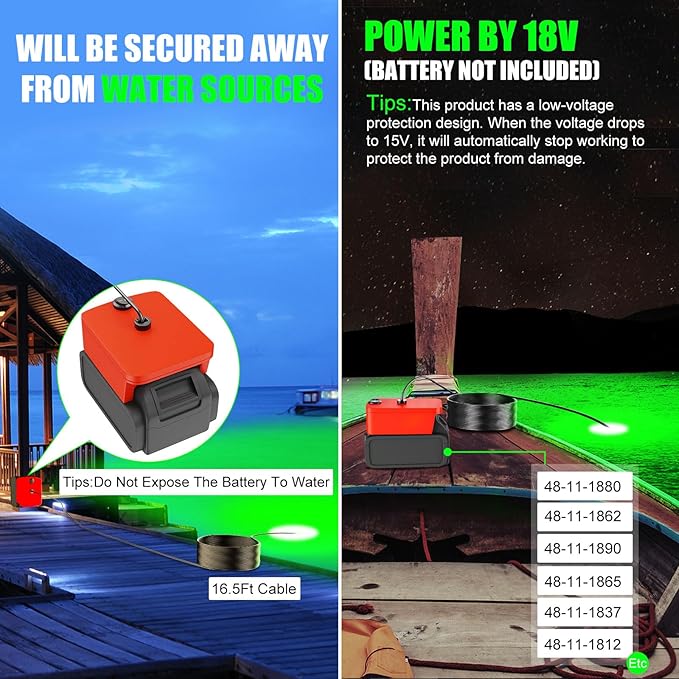 Underwater Fishing Light Compatible for Milwaukee 18V Battery，LED Green Light for 30W IP68 3000 Lumens Fish Attracting, Night Fishing for Docks Boats or Kayaks(no Battery)
