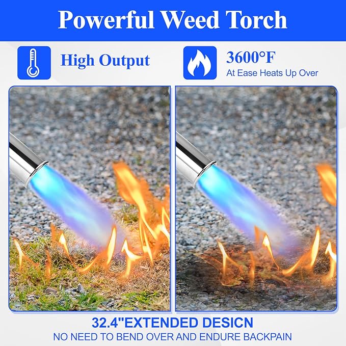 Weed Torch Propane Burner, 32" Blow Torch Flame Thrower, Weed Burner with Self Igniting and Anti-slip Rubber Handle for Weeding, Charcoal Starter, Ice Melting(Fuel Not Included)