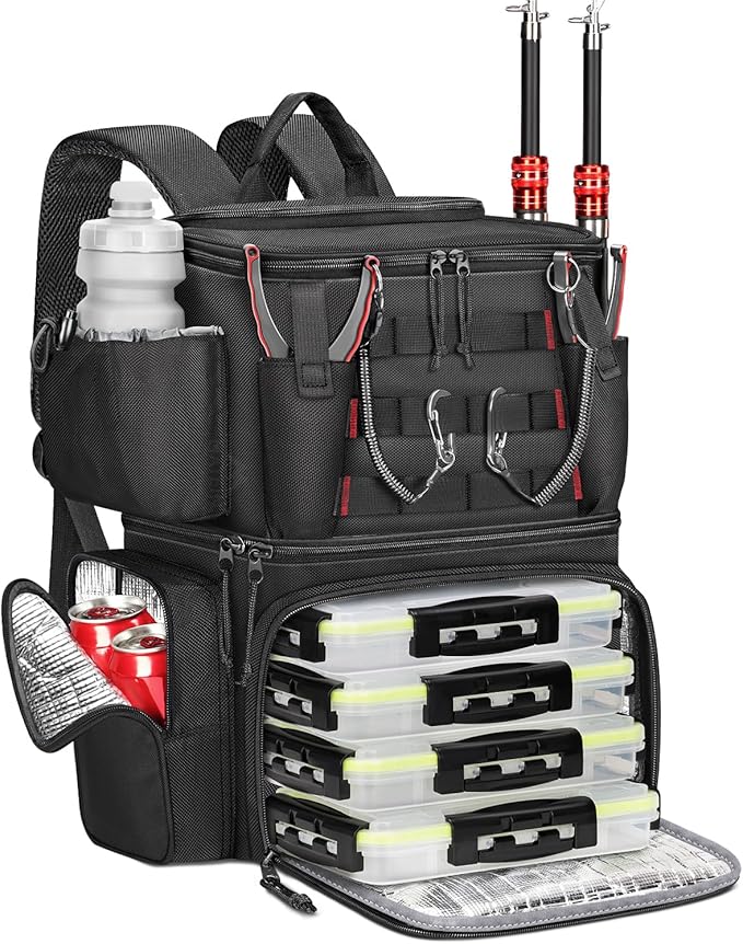 MATEIN Fishing Backpack with 4 Tackle Boxes, Fishing Bag with Rod Holder & Safety Compass & Cooler, Gifts for Fishermen