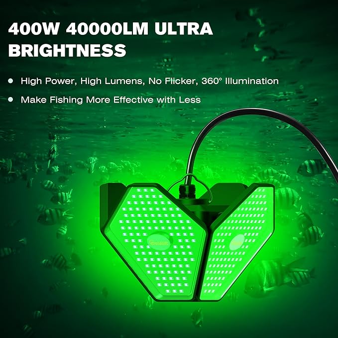 Goldlife 12V Foldable Underwater Fishing Light with 50FT Cable, 400W 40000LM Brightness Green LED Submersible Light Attractants for Docks/Boats/Kayaks, IP69K Rated for Fresh & Salt Water