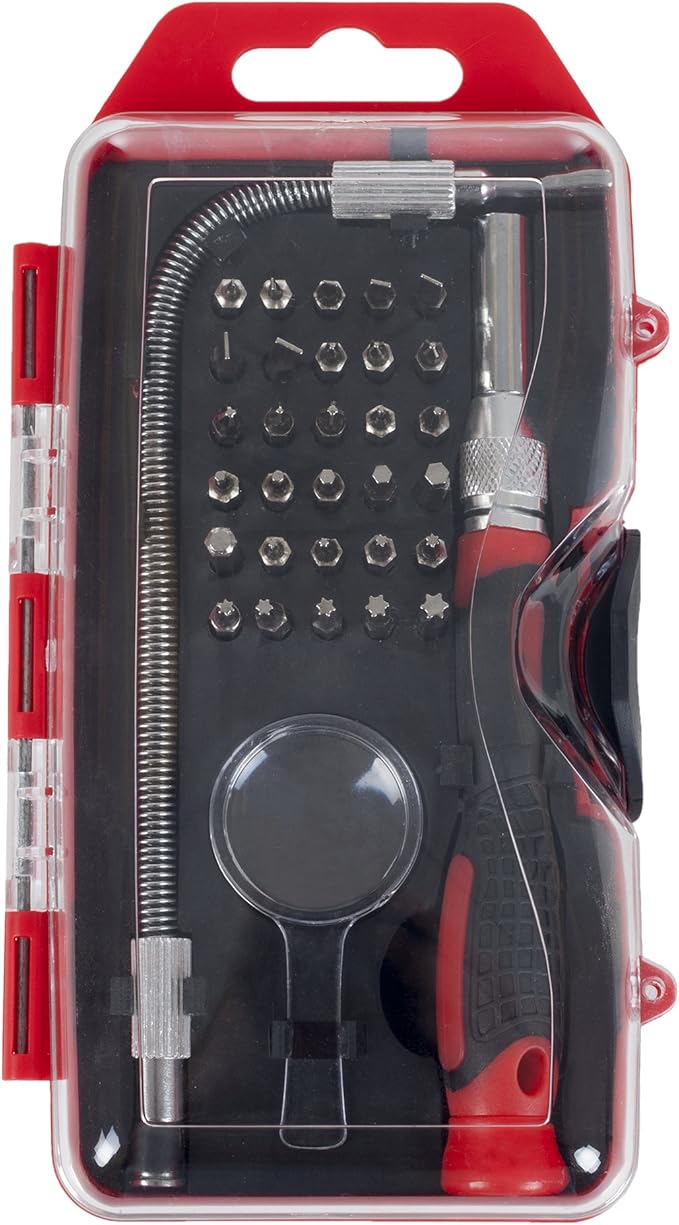 30-Piece Precision Screwdriver Set – Includes Removable Flexible Shaft, Magnifying Glass, 30 Bits, and Plastic Case – Home Tool Kit by Stalwart