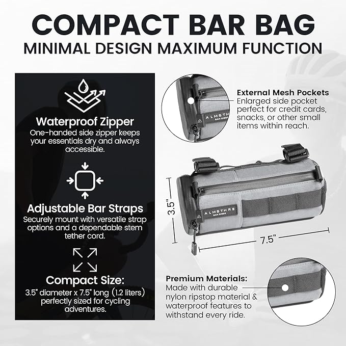 ALMSTHRE Compact Bar Bag – Sterling Silver | Hard-Shell Bike Handlebar Bag with Waterproof Zipper & Adjustable Straps | Lightweight Bicycle Handlebar Bag, Compatible with Road, Gravel & MTB Bikes
