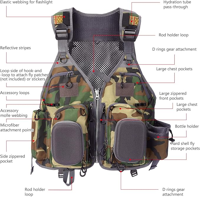 BASSDASH Strap Fishing Vest Adjustable for Men and Women, for Fly Bass Fishing and Outdoor Activities