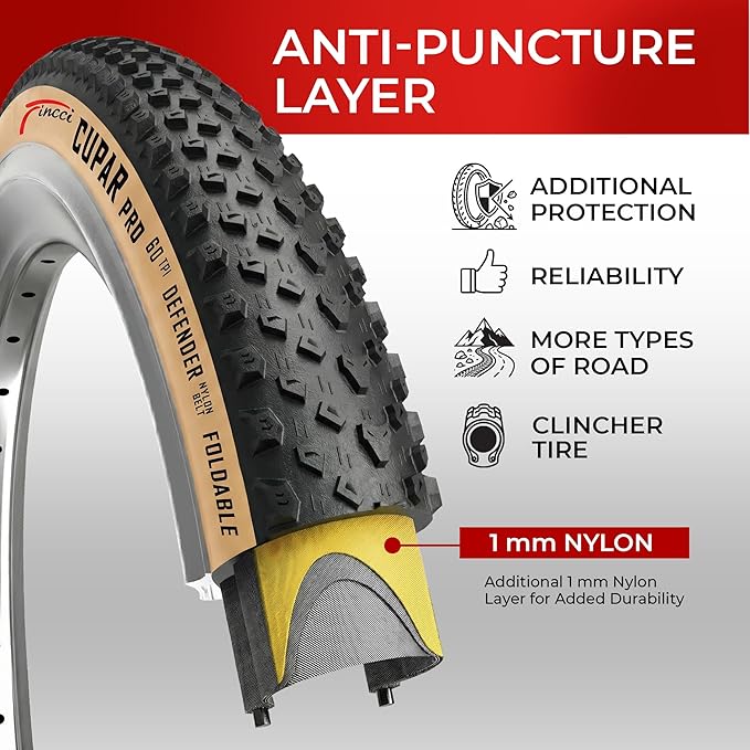 Fincci Foldable 26x2.10 Mountain Bike Tires - 26 Inch Bike Tires with 1mm Nylon Puncture Proof - Black Kevlar 26 Bike Tyre 60 TPI with Cross Country Profile for MTB, XC, Folding, Hybrid Bicycles