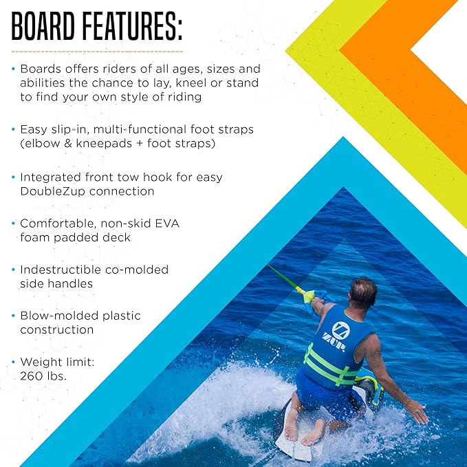 ZUP You Got This 260 Board and Handle Combo with EVA Foam Padding, All-in-One Kneeboard, Wakeboard, Wakeskate, and Wakesurf Board for Kids, Teens, and Adults, 51.7" x 23.8" x 4.6"