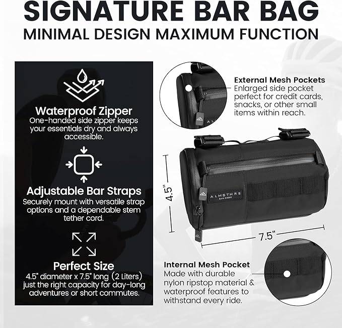 ALMSTHRE Signature Bar Bag – Midnight Black | Hard-Shell Bike Handlebar Bag with Waterproof Zippers & Adjustable Straps | Lightweight Bicycle Handlebar Bag, Compatible with Road, Gravel & MTB Bikes