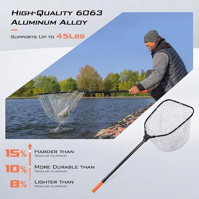KastKing Brutus Fishing Net, Foldable Extendable Fish Landing Net, Lightweight & Portable Fishing Net with Soft EVA Foam Handle, Holds up to 44lbs/20KG, Fish-Friendly Mesh for a Safe Release