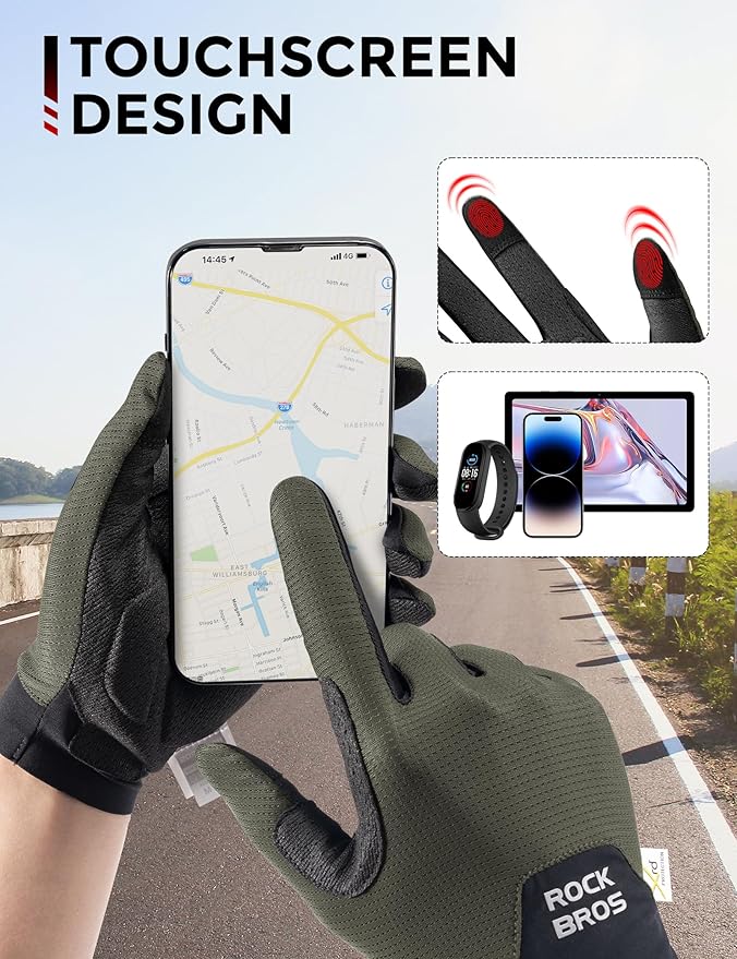 ROCKBROS Cycling Gloves for Men Women XRD Shock Absorbing Bicycle Riding Anti-Slip Breathable Full Finger UV-Sun-Protection Gloves for Road/Mountain & Electric Bike,E-Bike Commuter