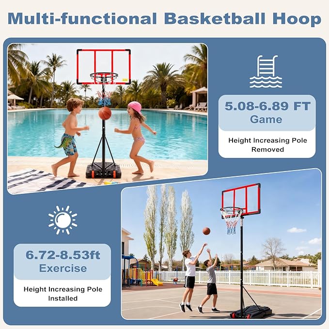 DUMOS 10FT Adjustable Height Portable Basketball Hoop Outdoor for Adult, 44 Inch Shatterproof Backboard w/Shock Absorbent Rim, Fillable Base, 2 Wheels for Swimming Pool/Indoor