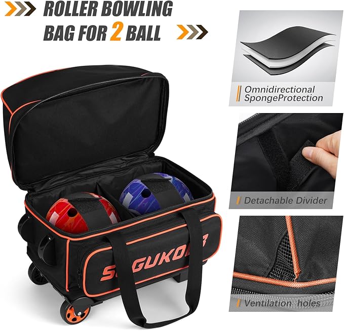 2 Bowling ball Bag with Wheels, Lightweight Trolley Double Ball Bowling bag with Large Separate Shoe Compartment and Oversized Accessory Pocket, Retractable Handle Extends To 39.5"