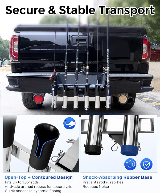 Adjustable Fishing Rod Holder for Truck 2" Hitch Receivers – Holds 6-10 Rods, 3 Angles, Quick Release, Anti-Shake Elastic Straps, Stainless Steel Fishing Pole Holder for Truck