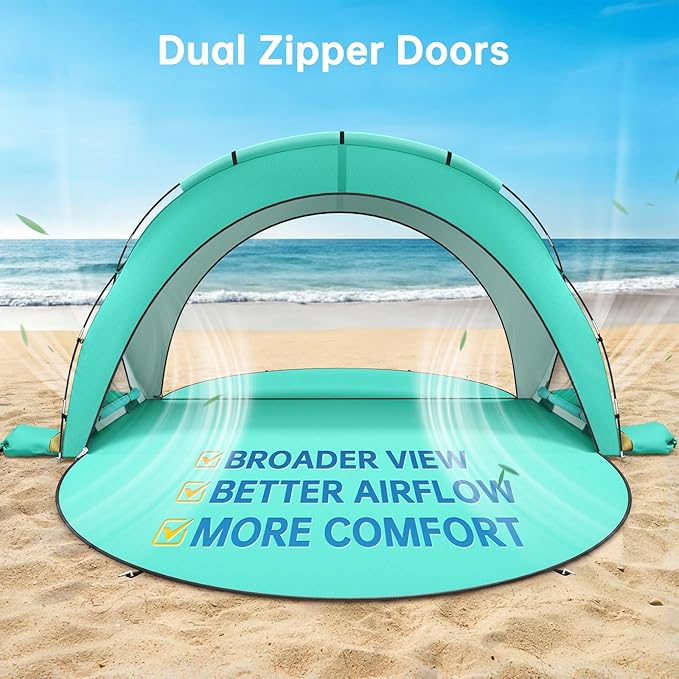 Beach Tent Sun Shelter, Beach Shade Tent with UPF50+ UV Protection, Sun Shelter for 1-6 Person, Beaches Shade with 2 Zippered Doors, Portable Tents for Camping Fishing, Green