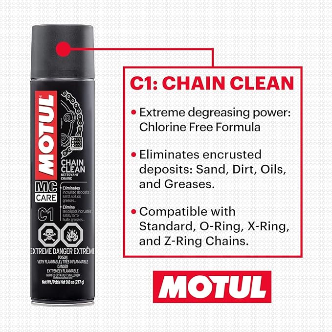 Motul C1 Chain Clean + C2 Chain Lube Road Bundle | Heavy-Duty Motorcycle Chain Cleaner 9.8oz & Chain Lubricant Spray 9.3 oz for Street & Sport Bikes