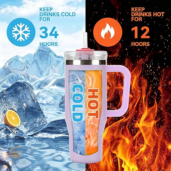 TYESO Vacuum Insulated Tumbler Water Bottle Cold Insulation Stainless Steel Bottle Straw Handle Mug Double Wall Wide Mouth (PURPLR, 40 oz)