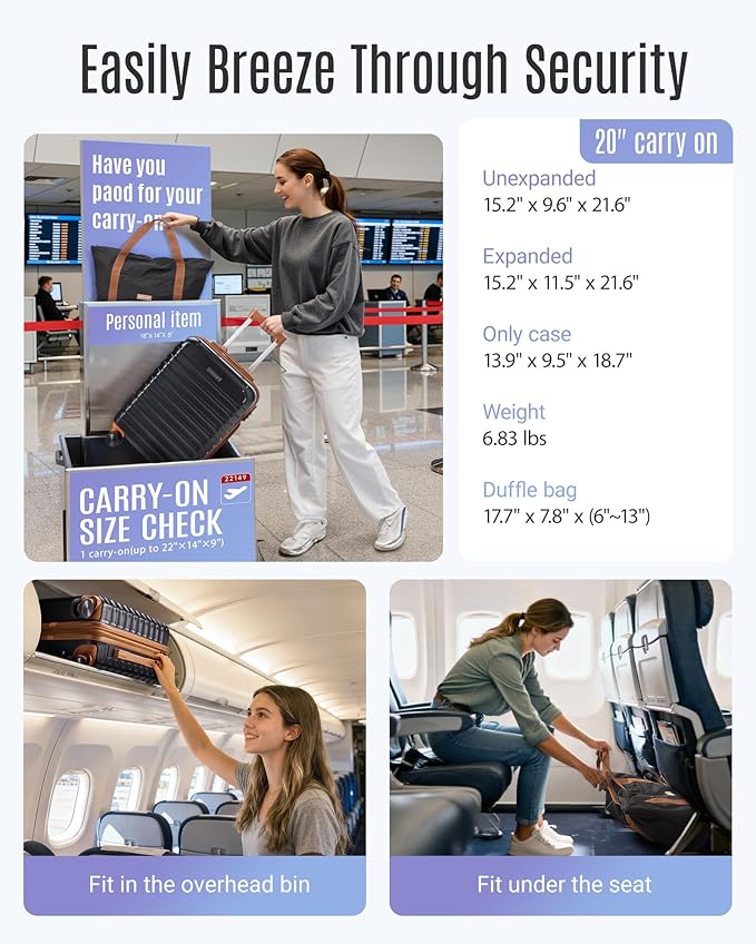 LIGHT FLIGHT スーツケースセット、機内持ち込み手荷物 22x14x9 航空会社承認済み、機内持ち込み旅行バッグ キャスター付きスーツケース、拡張可能ハードサイド軽量ローリング TSAロック付き 2点セット (DB/20)、ブラック/ブラウン