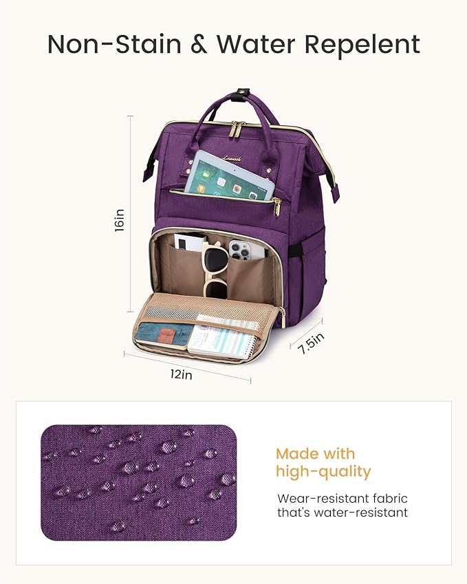 LOVEVOOK Laptop Backpack for Women with Giant Tumbler Holder Pocket,15.6 inch Waterproof Travel Backpack Purse Computer Laptop Bag,Professional Work College Nurse Teacher Backpack Daypack,Dark Purple