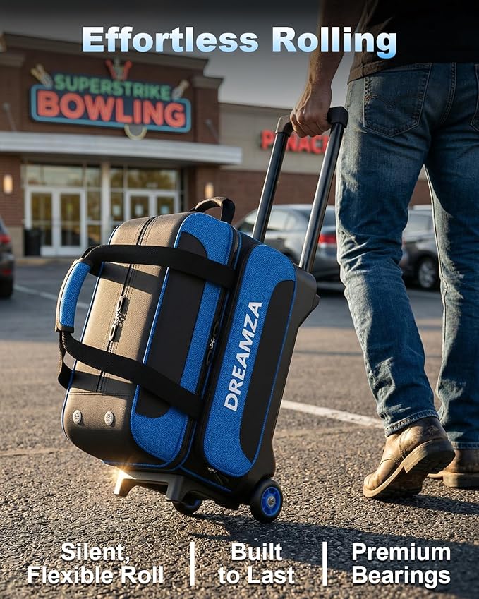 2 Ball Bowling Bag with Wheels, Double Bowling Ball Bag 2 Ball Roller w/Separate Compartment for Shoes Up to US Mens Size 16, w/Retractable Handle Extends to 40" & Accessories Pocket