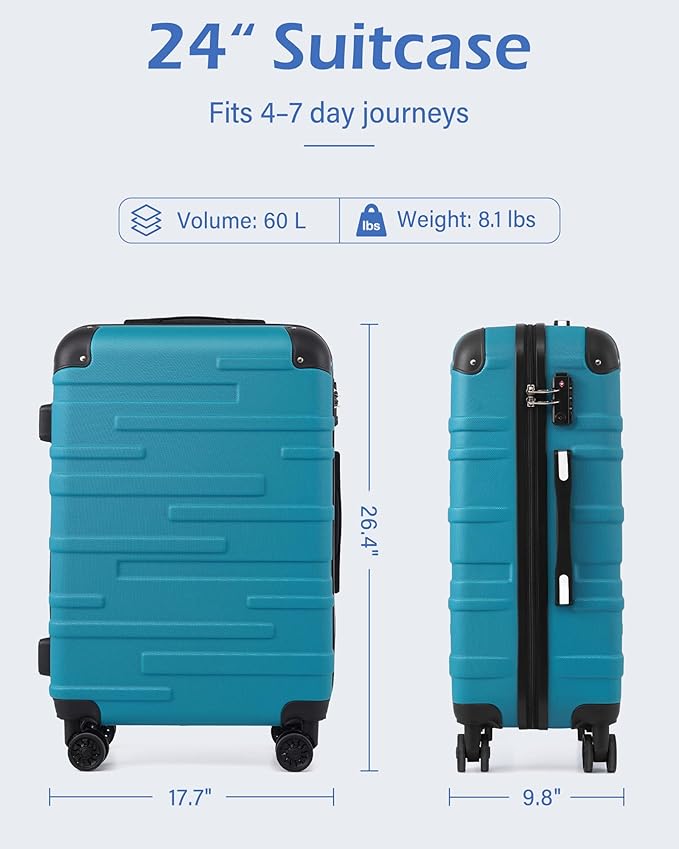 Coolife Hardside Checked Luggage with TSA Lock, Spinner Wheels, Telescopic Handle, Lightweight Suitcase (Silver, M(24in))