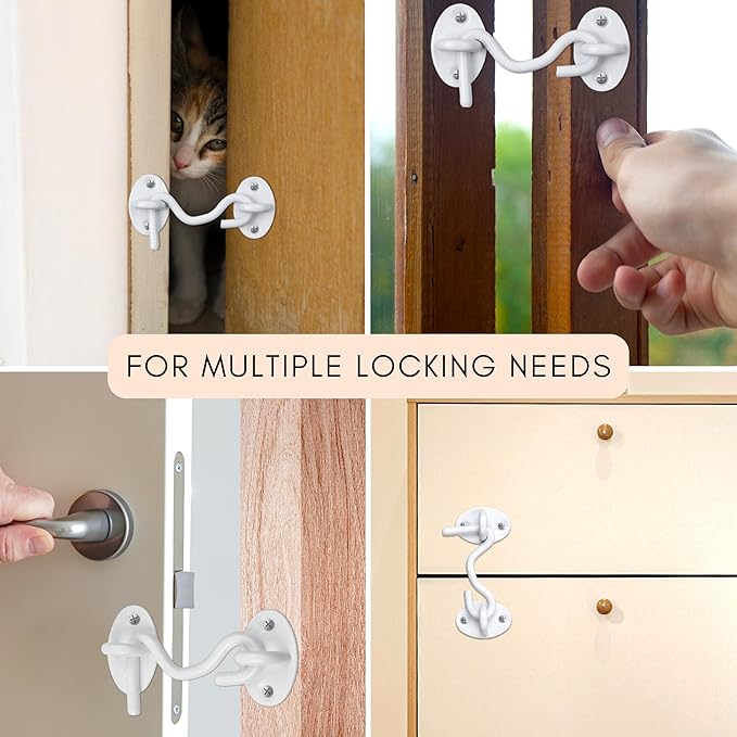 Eco-Fused 3-inch Heavy Duty Hook and Eye Latch - 1x Barn Door Lock (White), 4X Mounting Screws - Powder Coated Stainless Steel Hooks for Door, Windows, Sheds, Fences, Gates, Closets, Cabinets