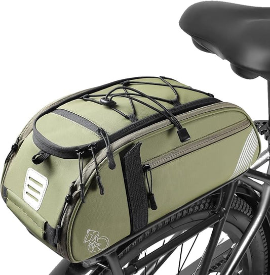 Rear Bike Rack Bag Waterproof Bike Bags with Reflector, Rain Cover & Shoulder Strap for Commuter Travel Outdoor, Green