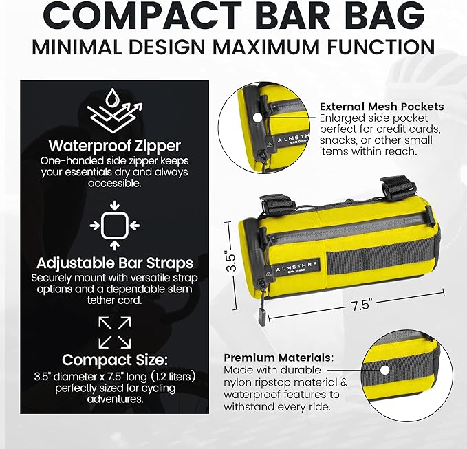 ALMSTHRE Compact Bar Bag – Sterling Electric Yellow | Hard-Shell Bike Handlebar Bag with Waterproof Zipper & Adjustable Straps | Lightweight Bicycle Handlebar Bag, Compatible with Road & MTB Bikes