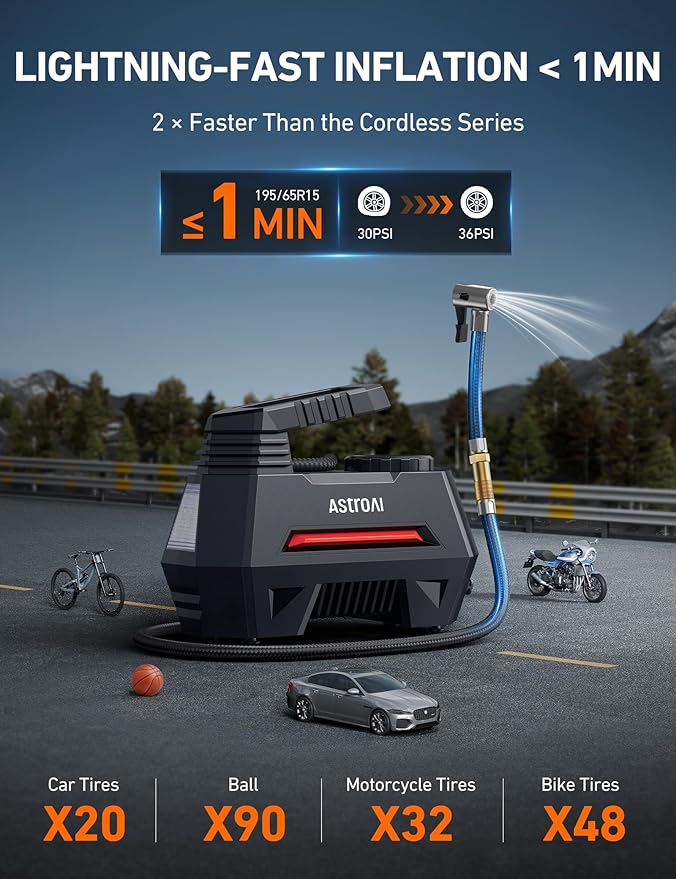 AstroAI AIRUN H Tire Inflator Portable Air Compressor Air Pump for Car Tires - Car Accessories, 9.8Ft Cord-12V DC-Powered Auto Pump with Digital Pressure Gauge, LED Light for Bicycle, Balloons, Red