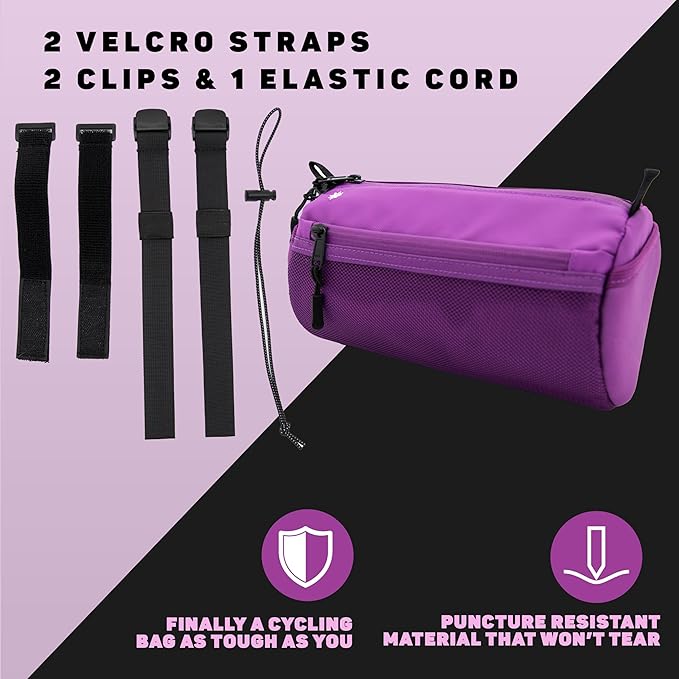 Lumiere & Co. Bike Handlebar Bag - Durable, Multiple Size and Color Options - Dual Elastic Straps, Clips & Hook-and-Loop for Customizable Fit (Purple, Large)
