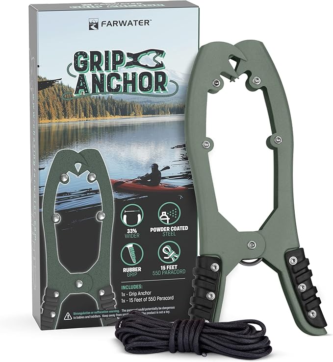Canoe Anchor Grip - Boat, Float Tube & Kayak Fishing Accessories, Kayaking Equipment - Brush Clamp Anchor with Teeth - Gripper with 15ft Paracord - Rubber Grips - Coated Steel -