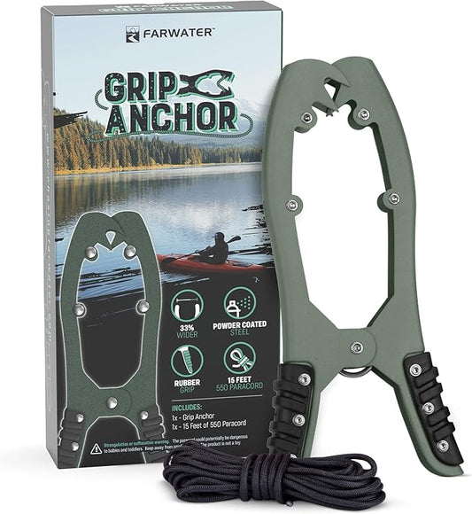 Canoe Anchor Grip - Boat, Float Tube & Kayak Fishing Accessories, Kayaking Equipment - Brush Clamp Anchor with Teeth - Gripper with 15ft Paracord - Rubber Grips - Coated Steel -