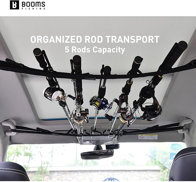 Booms Fishing VRC Vehicle Rod Carrier, Car Fishing Rod Holder, 2 Nylon Straps Adjustable Range 31.5 "-59", Fishing Pole Roof Rack Store 5 Poles Max, For vehicles with 4 Roof Grab Handles Only