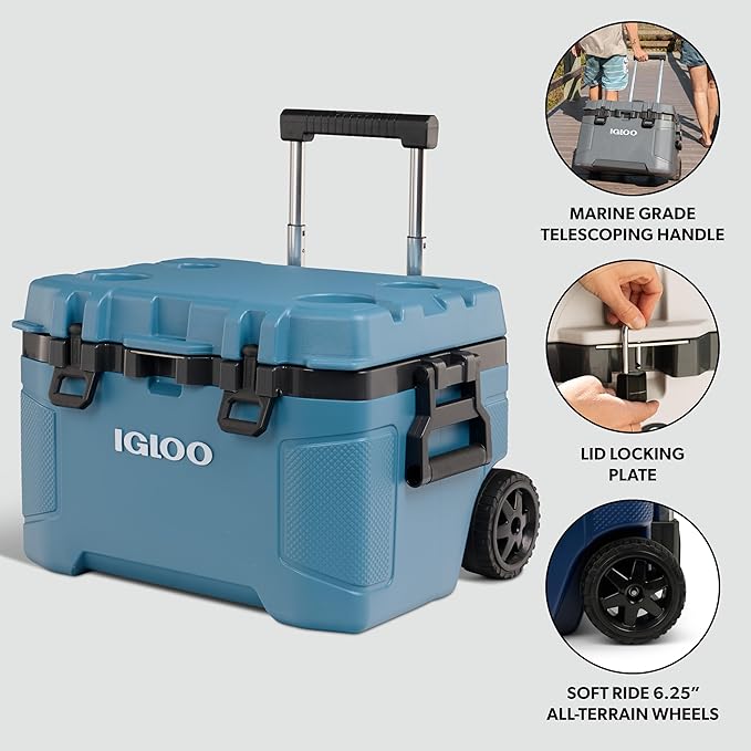 Igloo Trailmate 52Qt ホイールクーラー、断熱ハードシェルアイスチェスト、モダンブルー