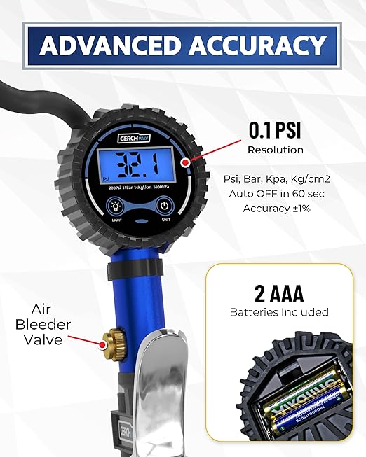 GERCHWAY Presta Valve Air Chuck – Digital Bike Tire Inflator with Pressure Gauge – Schrader to Presta Valve Adapter for Air Compressor