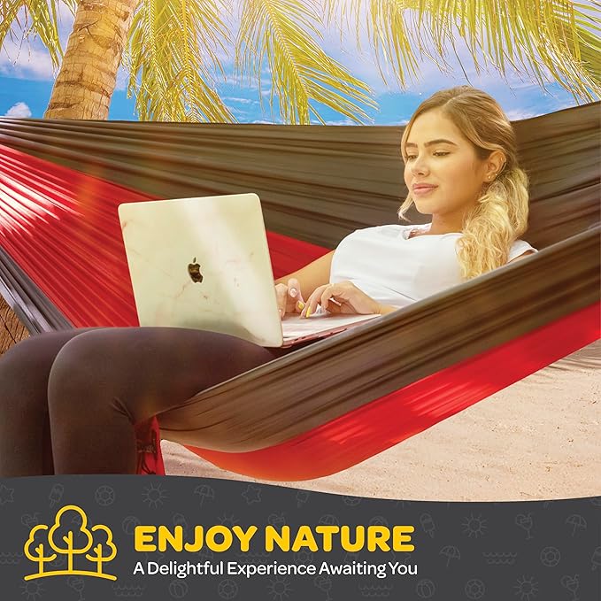 Durable Hammock 400 lb Capacity, Nylon Camping Hammock Chair - Double or Single Sizes w/Tree Straps and Attached Carry Bag - Portable for Travel/Backpacking/Beach/Backyard (Medium, Yellow & Blue)