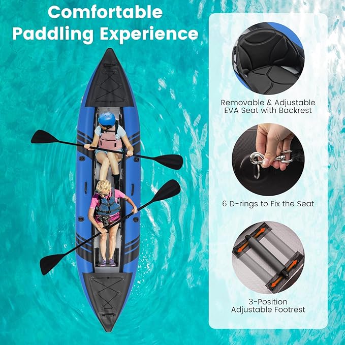 GYMAX Inflatable Kayak, 12.5Ft 507lbs Tandem Kayak with 2 Aluminum Paddles, 2 Padded Seats, Footrests, 2 Fins, Hand Pump, Carry Bag & Repair Kit, 2 Person Fishing Touring Kayak for Adults