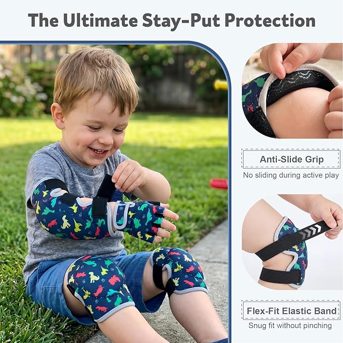 Soft Toddler Knee Pads and Elbow Pads Set with Bike Gloves, Non-Slip Toddler Knee Pads for Boys Girls 2-4 Years, Breathable Kids Protective Gear for Balance Bike, Scooter, Bicycle