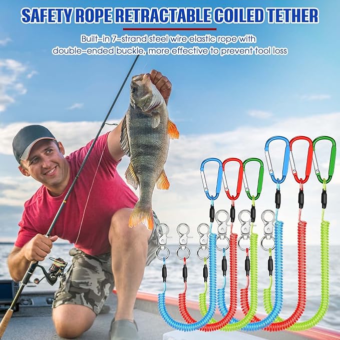 Woanger 6 Pack Fishing Lanyard Steel Wire Coiled Lanyard Tool Lanyards for Hand Tools Kayak Retractable Tool Leash Fishing Rod Safety Lanyards Gear with Alloy Clips for Pliers Boating
