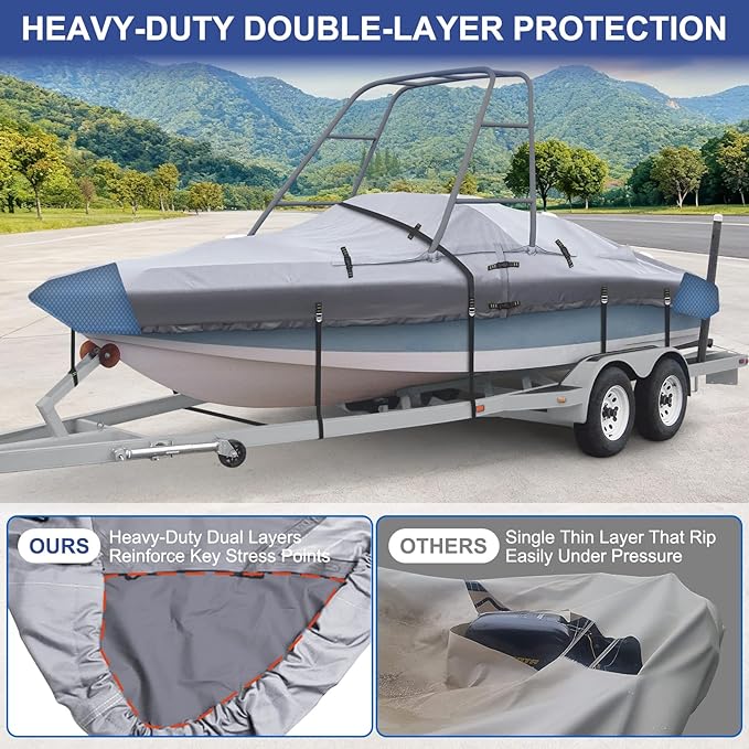 Ski & Wakeboard Tower Boat Cover 20-22ft for Wake Tower, 900D Marine-Grade Heavy Duty Boat Cover with Reinforced Stitching, All-Season Waterproof Boat Wrap for Winter, Fits Up to 106" Beam