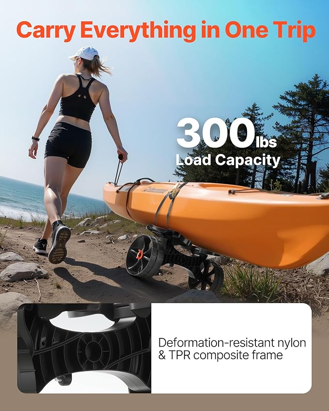 VEVOR 300 lbs Kayak Cart, Foldable Kayak Trolley with 10-inch Solid Rubber Tires & 1 Ratchet Strap, Paddle Board Trolley for Carrying Kayaks, Canoes, Paddleboards, Float Mats, Jon Boats