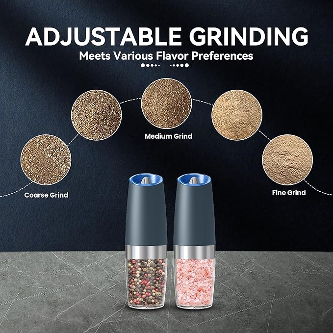 Gravity Electric Salt and Pepper Grinder set of 2, Automatic Salt And Pepper Grinder Set, Adjustable Roughness, Battery Powered, LED Light, 2 Pack, (Grey)