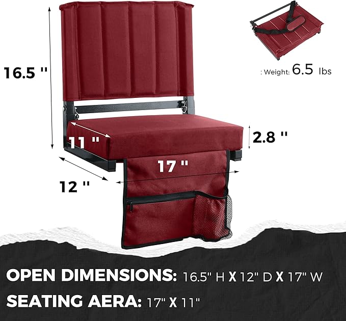 SPORT BEATS Stadium Seats with Back Support Bleacher Chairs with Back and Cushion Thick Padded Bleacher Seats Includes Shoulder Strap Maroon 2pcs Regular