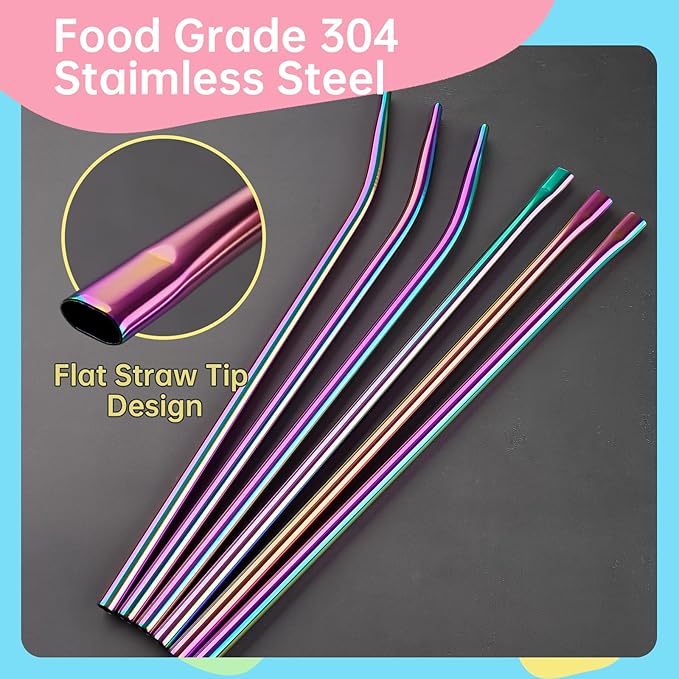 NiHome 6PCS 12" Anti-Wrinkle Flat Tip Reusable Stainless Steel Straws for Stanley 30oz 40oz Tumblers, Wrinkle Free Metal Straws Lip-Friendly for Iced Coffee, Water (Iridescent, 3 Straight + 3 Bent)