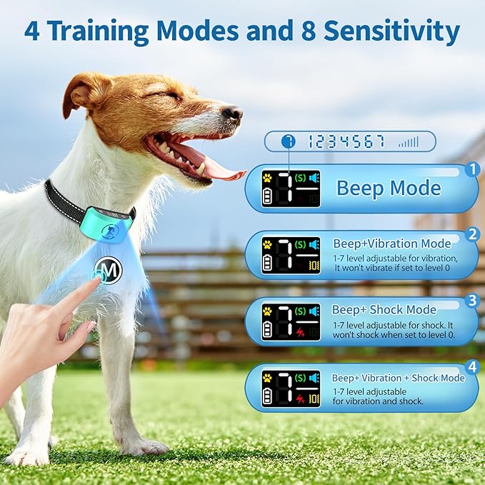 Anti Barking Collar Device for Large Medium Small Dogs, Adjustable Training Modes Dog Bark Collar with 8 Sensitivity, Automatic Stop Bark Collars for Dogs 15-120lbs, Outdoor Indoor Use, Gold