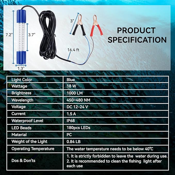 18W Underwater Fishing Light, IP68 Waterproof DC 12-24V LED Fish Bait Light Submersible Finder Attractants Lamp for Crappie Shrimp Squid Catfish + Battery Clamps, 16.4ft Cable Green/Blue/White Light
