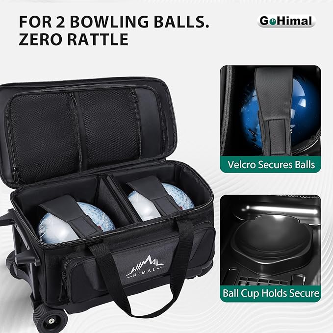 GoHimal Double Roller 2 Ball Bowling Bag with Separate Shoe Compartment for Bowling Shoes (Up To US Mens Size 15) and Oversized Accessory Pocket, Retractable Handle - Extends to 40"