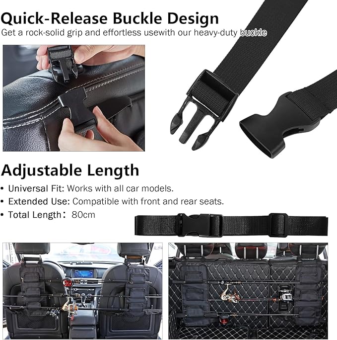 Cooltto Fishing Rod Holder for Car, Truck, SUV - 3-Rod Seat Rack Carrier with Adjustable Straps, Heavy-Duty Fishing Pole Storage for Front & Rear Seats, Universal Vehicle Organizer with Quick Release