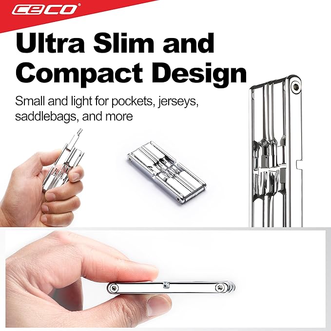 CECO USA 10 Function Bicycle Multi Tool, Ultra Slim Sized, Lightweight, Polished Chrome Finish, High Strength CR-V 6150 Tool Steel, Mountain Bike, Road Bike