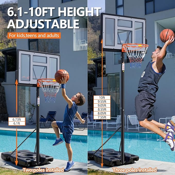 Sweetcrispy Portable Basketball Hoop Outdoor 6.1-10FT Adjustable Height, 44 Inch Shatterproof Backboard/Shock Absorbent Rim, Fillable Base, 2 Wheels for Backyard/Driveway