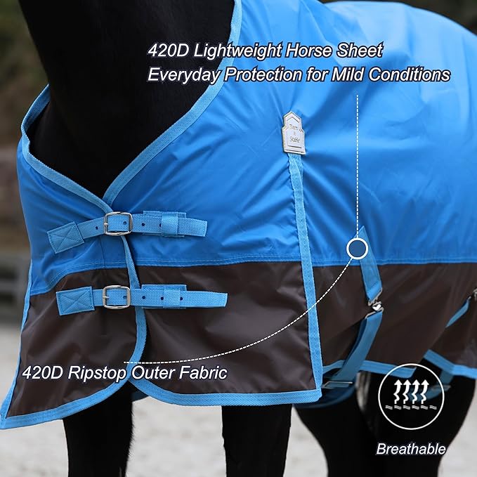 BARN & STABLE 420D Ripstop Lightweight Horse Turnout Sheet, No Fill, Water-Resistant & Breathable Horse Blanket for Spring and Mild Weather, with Anti-Rub Fleece Withers