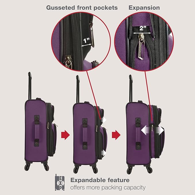 U.S. Traveler リオ 軽量ソフトサイド ローリングキャリーオン スーツケース 4輪セット パープル