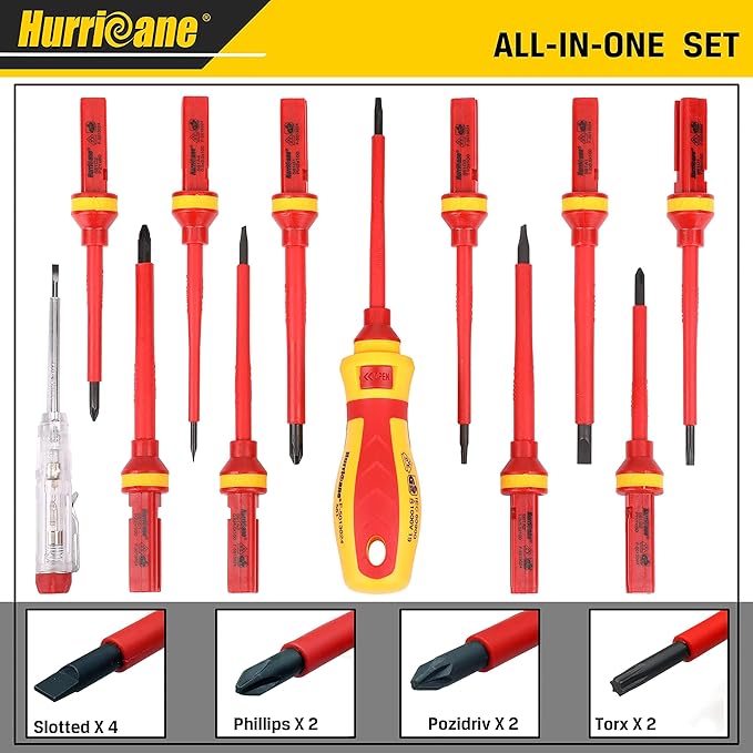 HURRICANE 1000V Insulated Electrician Screwdriver Set, 13 Piece Professional Electrical Screwdriver Set, CR-V Steel Magnetic Phillips Slotted Pozidriv Torx, Insulation VDE & GS Certified Screwdriver